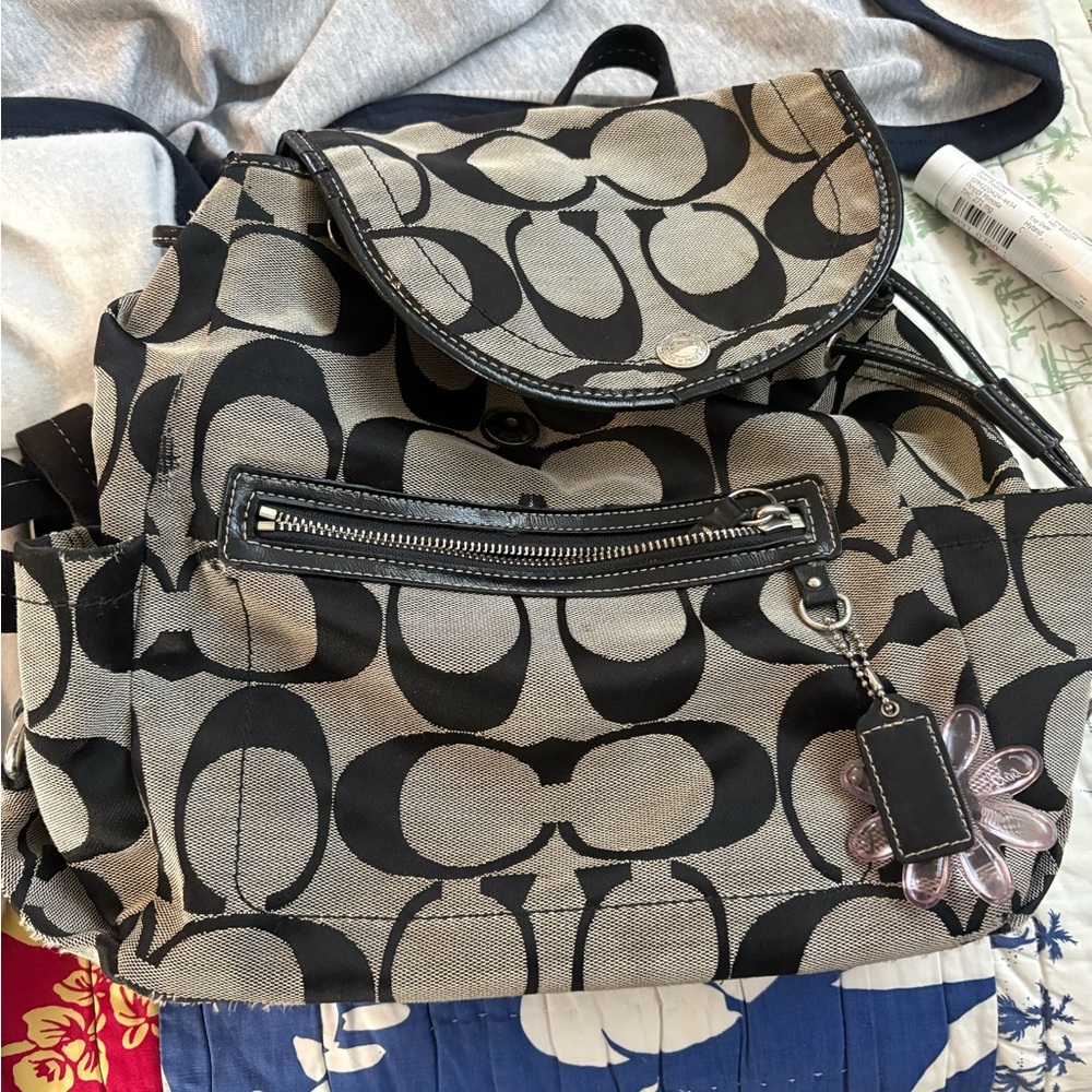 Coach Black and GreySignature Canvas Drawstring Backpack